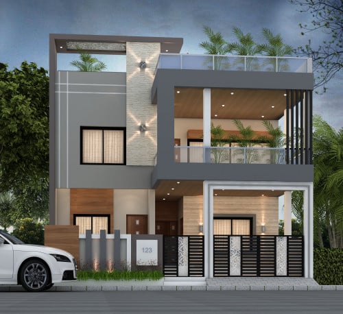 Modern two-story house with landscaped garden